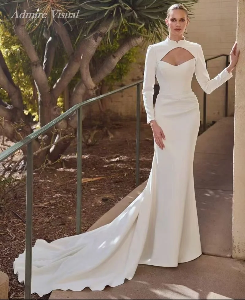 Admire Visual Vestido de Novia Clásico Estilo Sirena de Satén con Escote Barco y Chaqueta Desmontable, Vestidos de Novia Personalizados