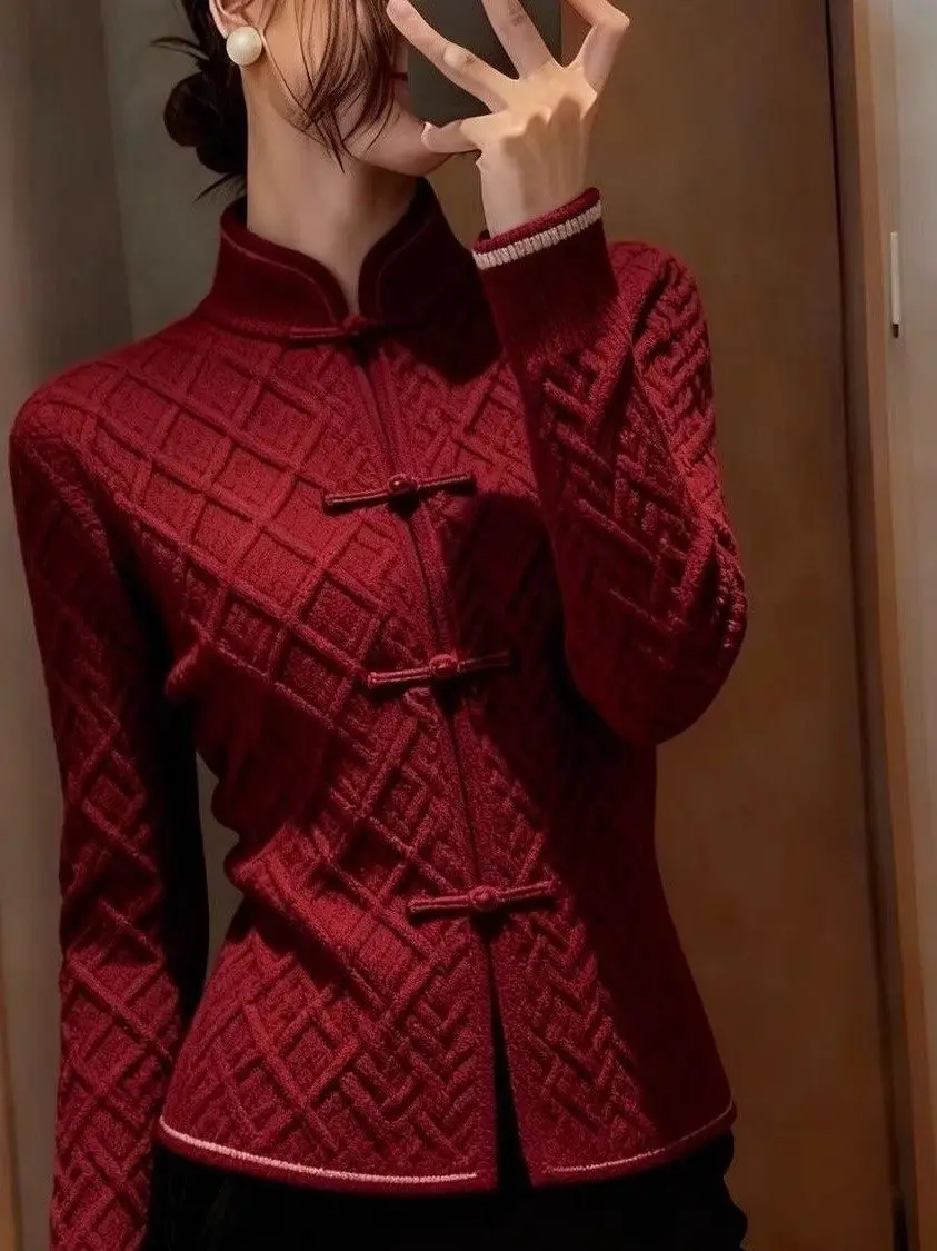 

Red Cisas Knitted Open Cardigan Women's Slim Fit Faionable Top Button Stand Collar Chinese Sle New Year's Faion