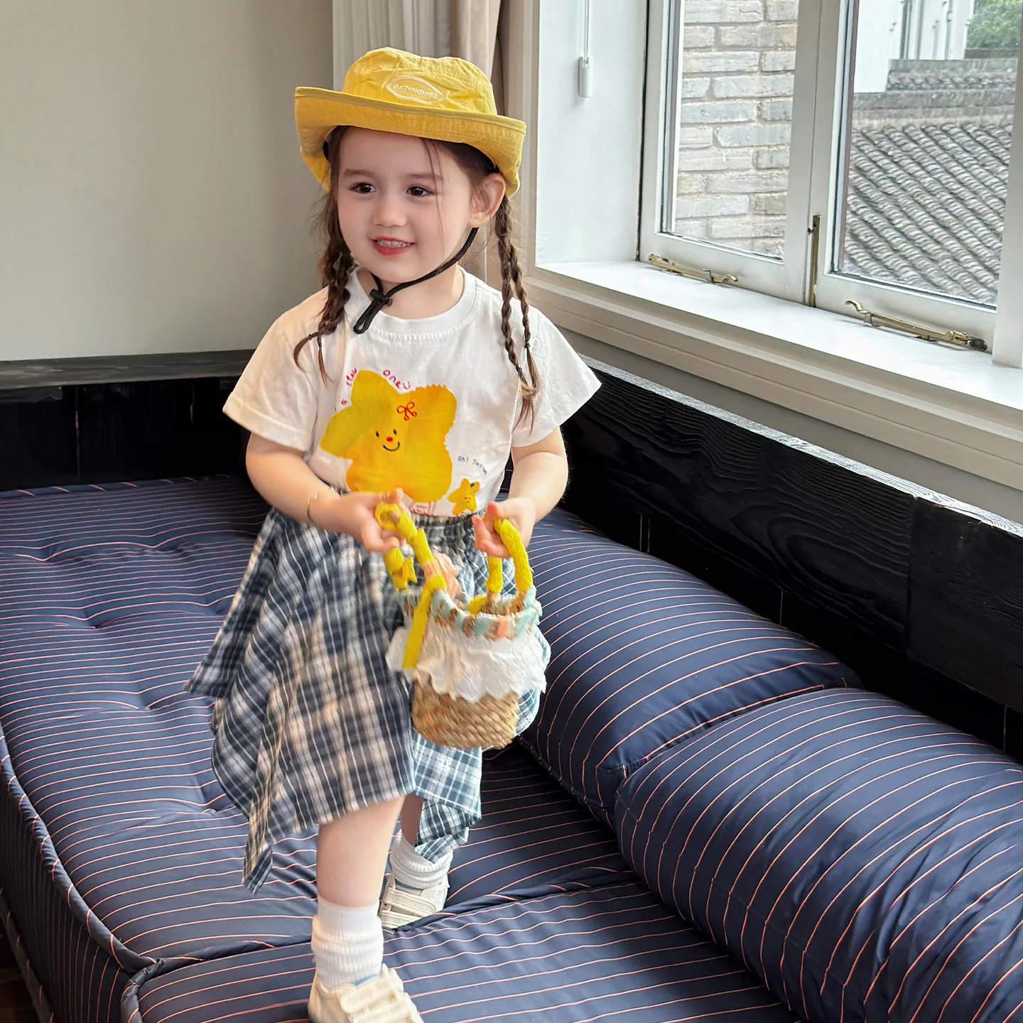 2026 New Girls' Summer Set Korean Version Short Sleeved Clothes Baby Summer Stylish Plaid Skirt Two-piece Set