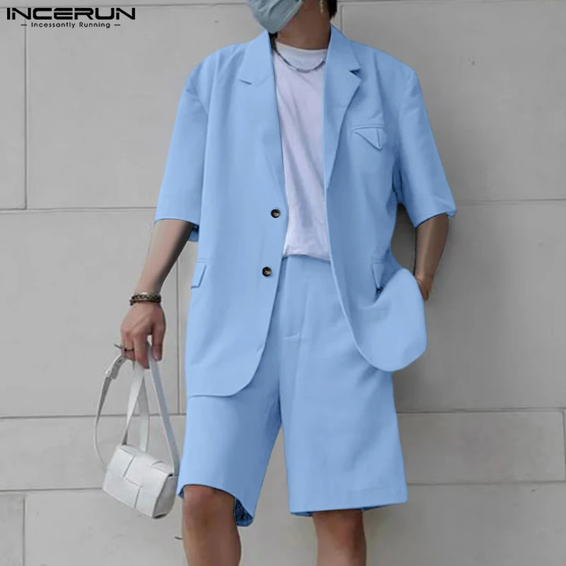 

INCERUN Men Sets Solid Color Lapel Short Sleeve Shirt & Shorts 2PCS Streetwear 2025 Oversize Summer Fashion Men's Casual Suits
