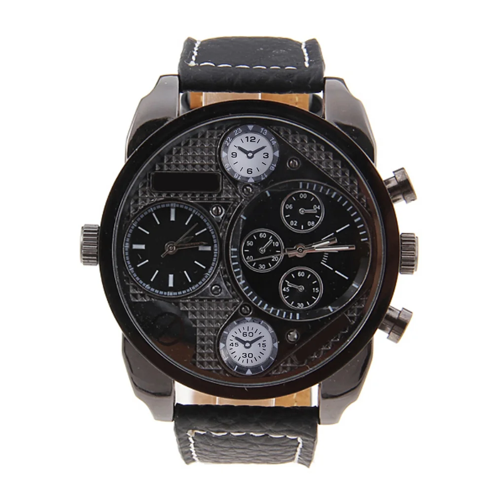 9316 ساعة كوارتز بمينا دائري كبير للرجال وعرض مزدوج للوقت، سوار PU أسود، 2 حركات دقيقة، 5 أقراص زخرفية متينة
