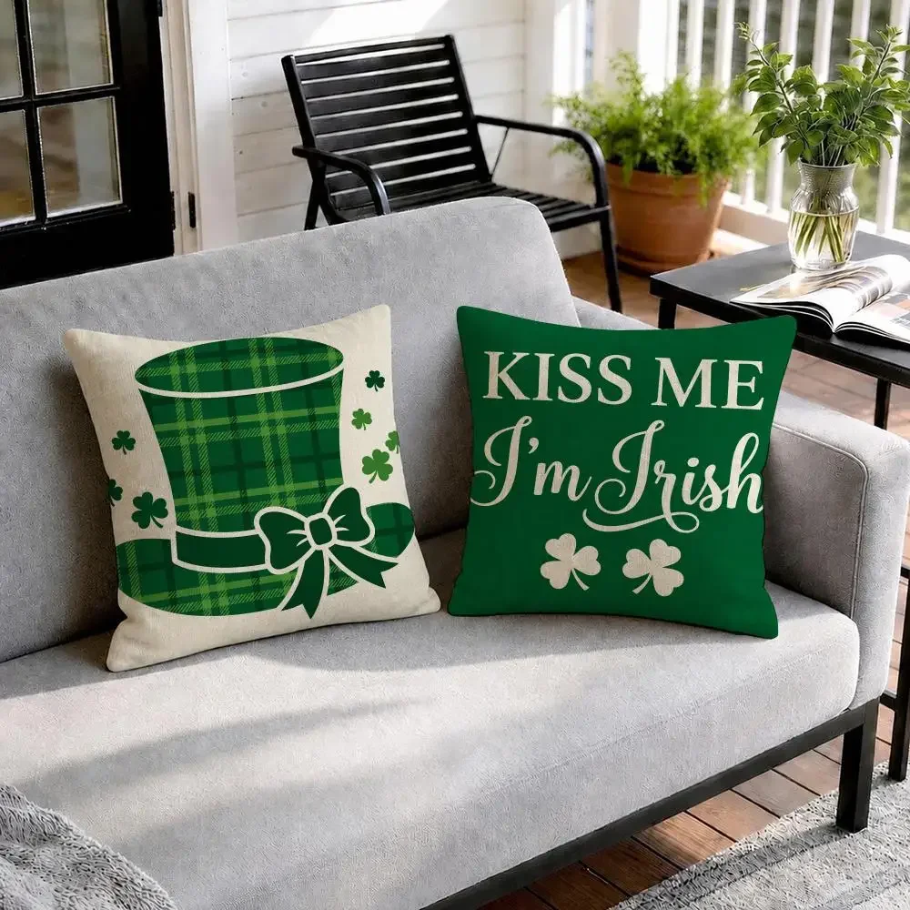 Green Shamrock Holiday Graphics Natural Linen Cushion Cover Double-Sided Print Sofa Pillowcase Home Decor Gift