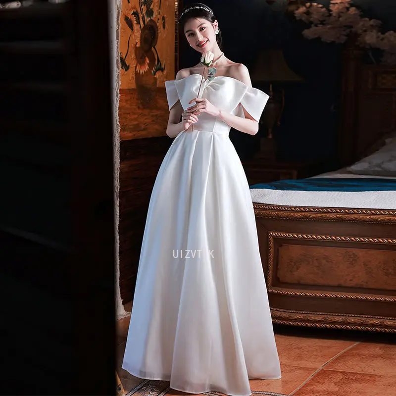 

Off Shoulder Sweat Long Wedding Dresses Women Big Bow Princess Photos Shoot Dresses Bridal Party Prom Dress Performance Gown