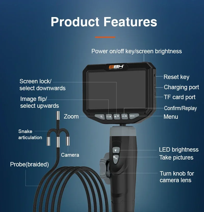 Best 5.0 HD 1m Snake Tube Digital Microscope Articulating Borescope Inspection Tool Automotive Camera Scope for Mechanics