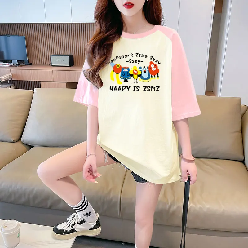 2024 New American Retro Cartoon Contrast Raglan Short Sleeve T-shirt Women's Summer New Loose T-shirt Kawaii Clothes