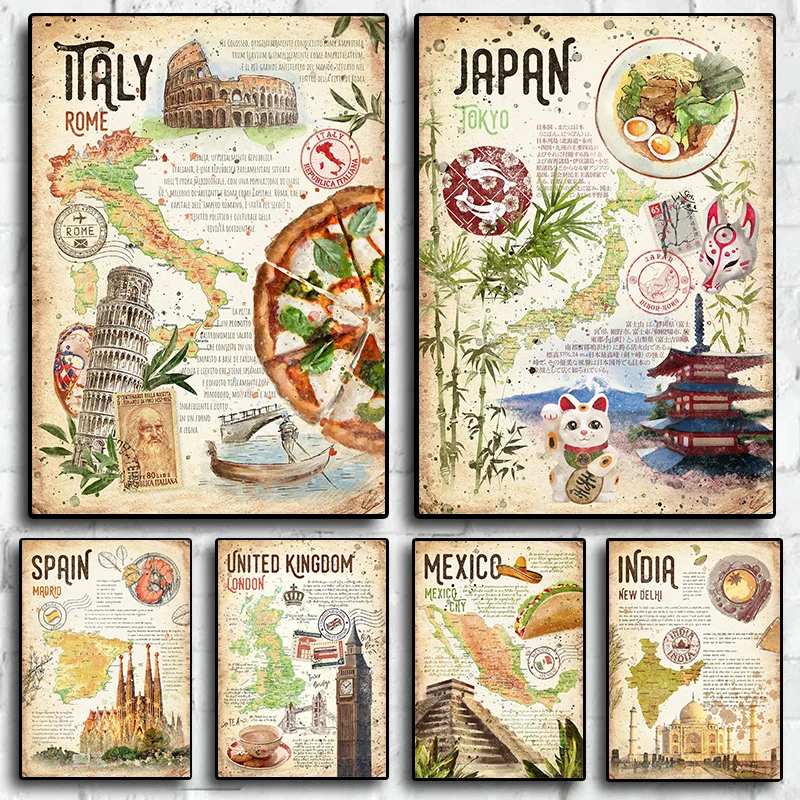 مجردة العالم الكلاسيكية الغذاء خريطة السفر الهندي والمكسيك واليابانية الغذاء المشارك حائط لوح رسم الفن صور ديكور المطبخ المنزل
