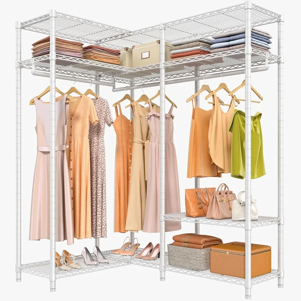 

L30 Corner Clothes Rack, L Shaped Heavy Duty Closet System with Adjustable Shelves & Hanging Rods, Freestanding Corner Wardrobe