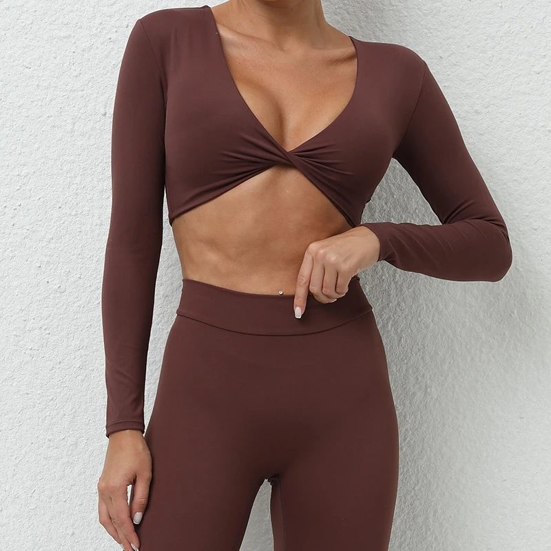 Sexy Creased Long Sleeve Crop Top Women Yoga Clothing Quick Dry Gym Long Sleeved Shirt Women Running Workout Sportswear Female