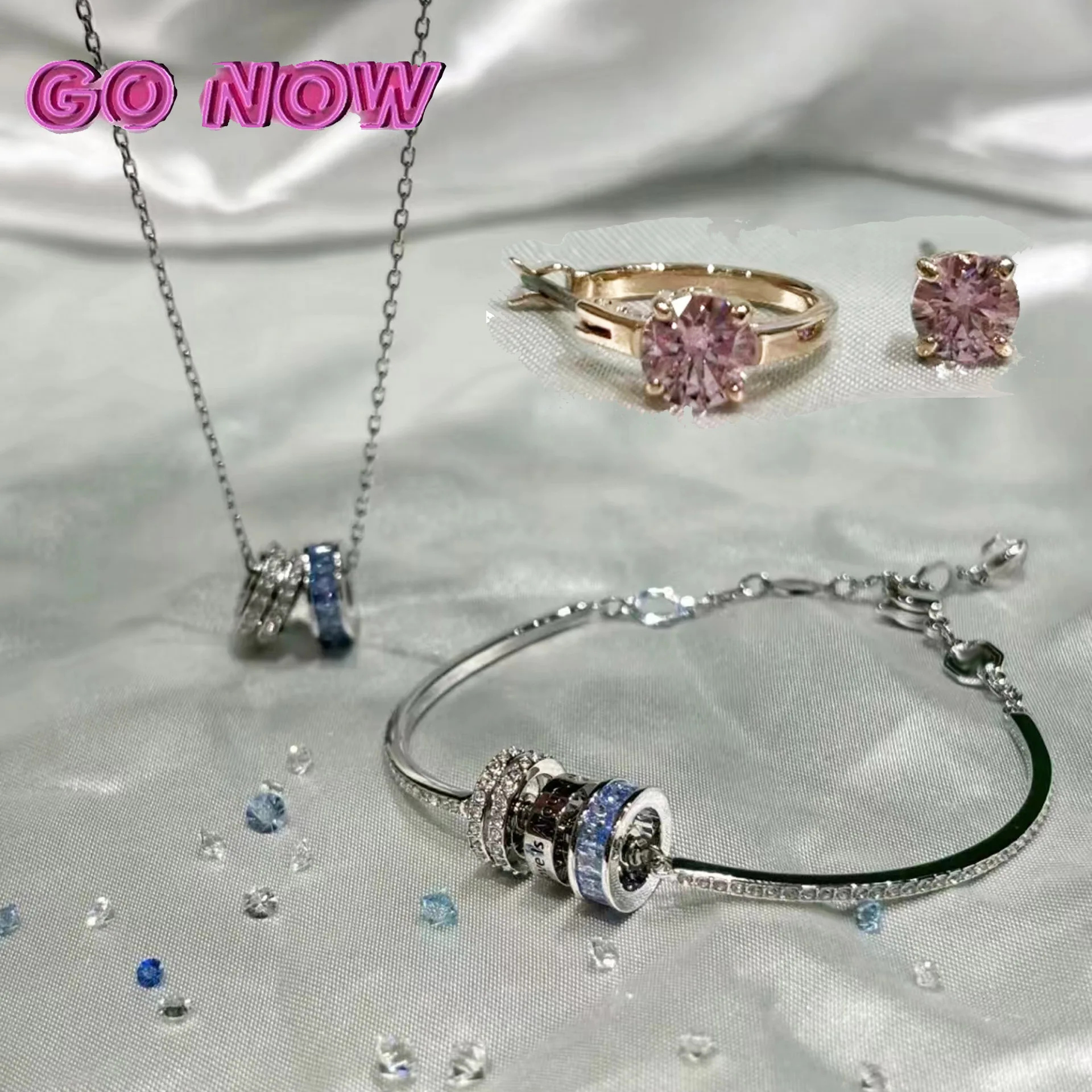 2024 Original Women's Jewelry Set Senior Romantic Pink Heart Ring Necklace Fashion Earrings Bracelet Suitable for Memorial Gift