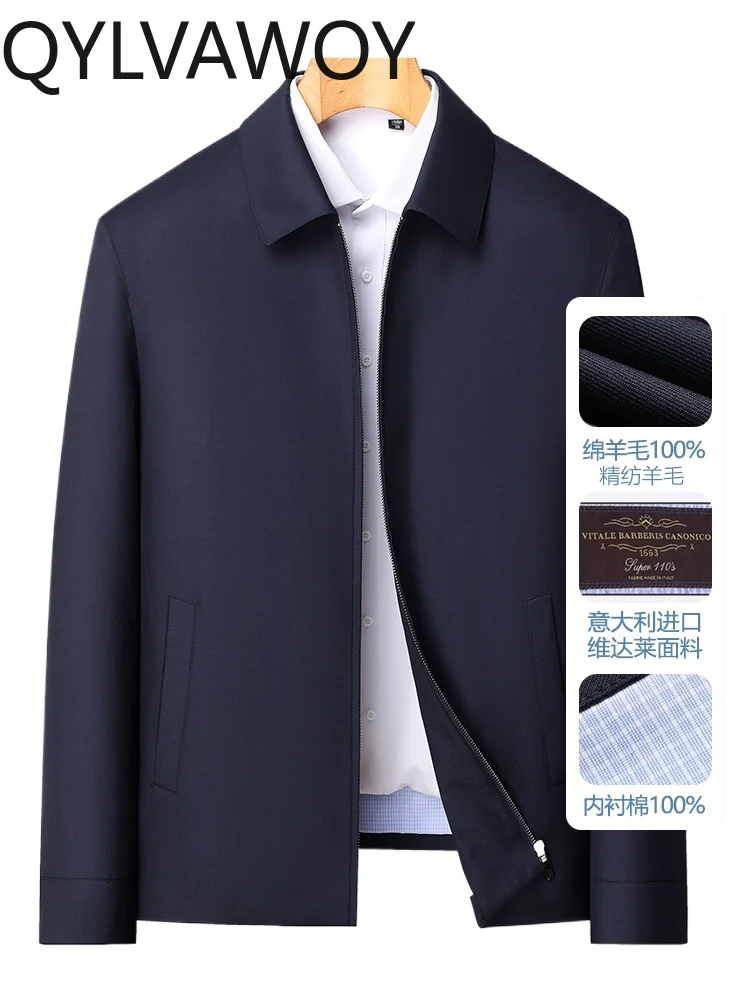 

QYLVAWOY 100% Wool Men's Middle-Aged Lapel 100% Fine Spun Wool Jacket Spring Autumn Outerwear Italy Imported VBC Fabric LJ2088