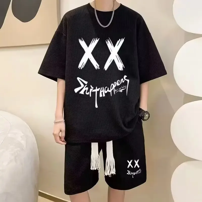 2024 Summer Man'Sets Hip Hop Fashion Streetwear Short Tracksuit Men Printed Waffle Men Clothing T Shirts Shorts 2 Piece Set