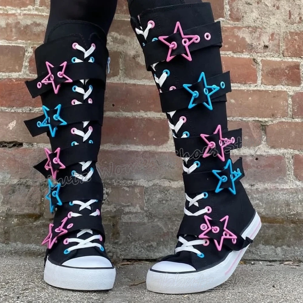 Stars Rainbow Sneaker Boots Knee High Lace-Up Round Toe Flat with Fashion Novelty Sexy Concise Sports Hot Girls Belt Buckle New - view 2