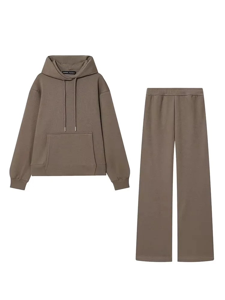HH Mulheres Moda Outono Terno Sólido Manga Comprida Cordão Bolsos Grandes Jaqueta Com Capuz + Cintura Elástica Calças Finas Conjunto de 2 Peças