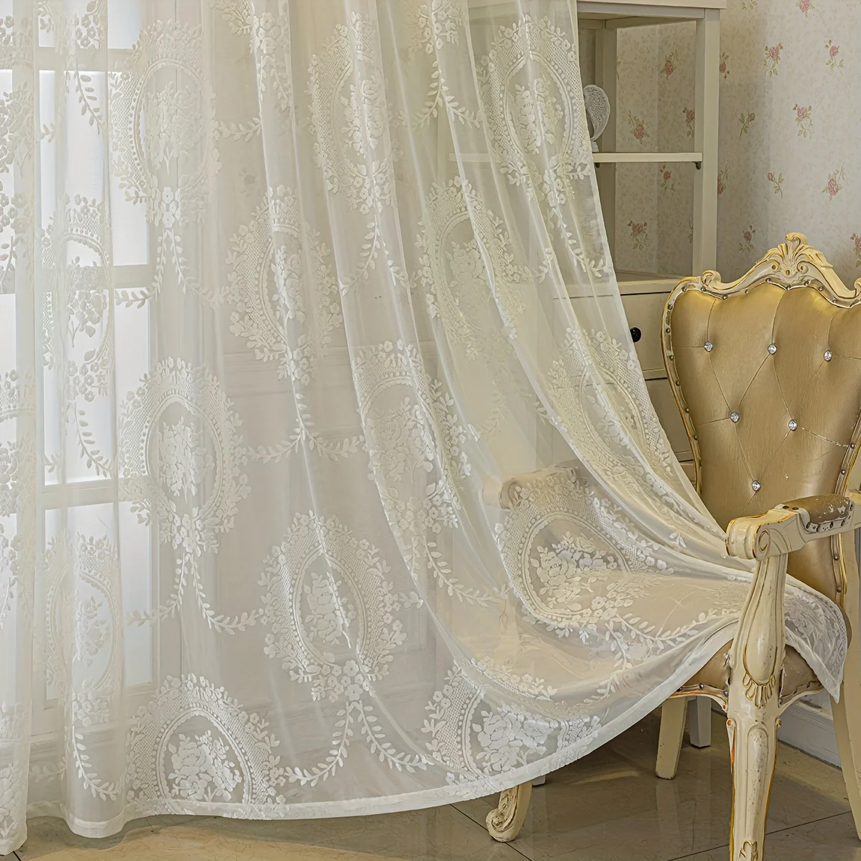 

2Panels Embossed Jacquard White Transparent Curtain With Top Grommet Hanging Pastoral Flowers, Soft And Translucent, Suitable For Living Room, Bedroom, Kitchen, Balcony, Home Decoration