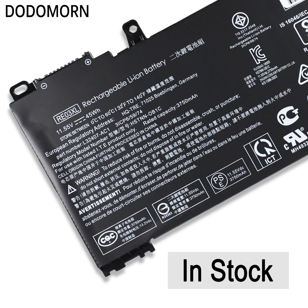 Dodomorn re03xl bateria do portátil para hp probook 430 440 445 450 455 g6 para zhan 66 pro 13 14 15 g2 HSTNN-OB1C 11.55v 45wh 3750mah