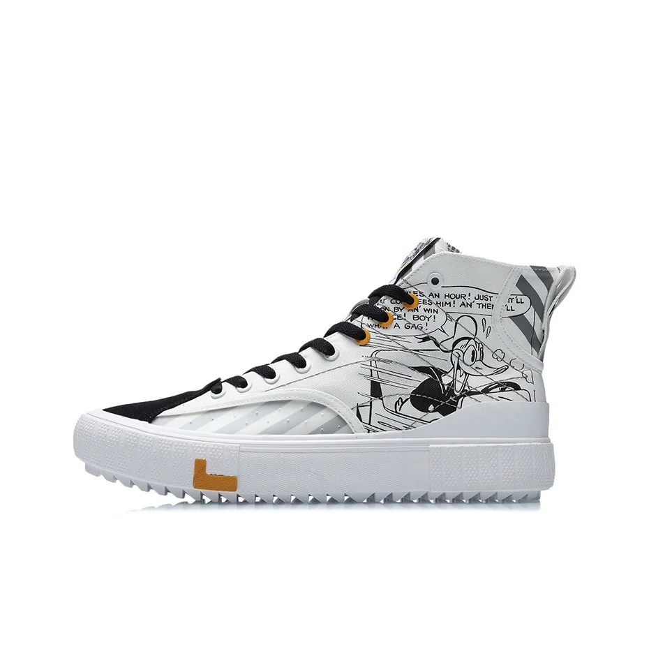 Li Ning Disney Textile, Synthetic Leather Comfortable Thermal High top Skateboard Shoes Unisex White Black AGCR179-3