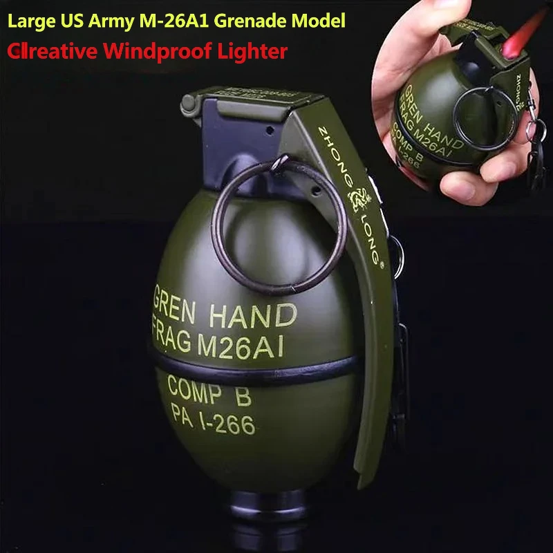 Creative Grenade-Shaped Torch Lighter, Metal Windproof Jet Flame Butane Lighter, Military Design Lighter with Keychain for Gifts