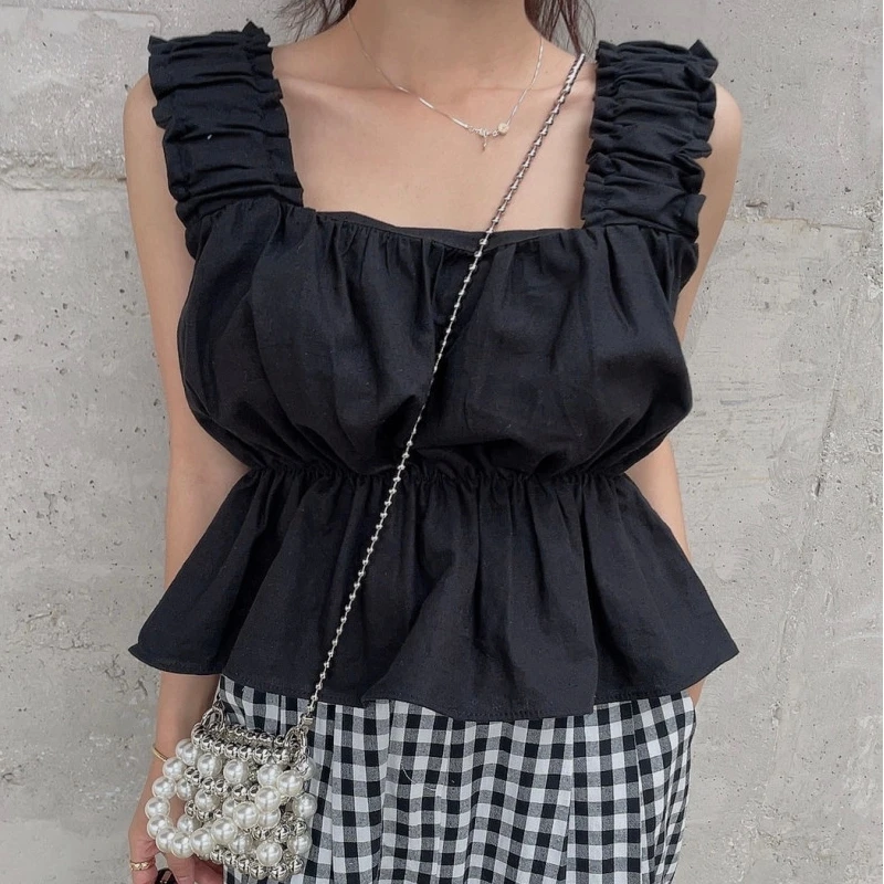 

Women's Wide Shoulder Strap Vest Top Folded Bustle Waist Slimming Bubbly Hemline Outerwear Short Shirt Cotton Color