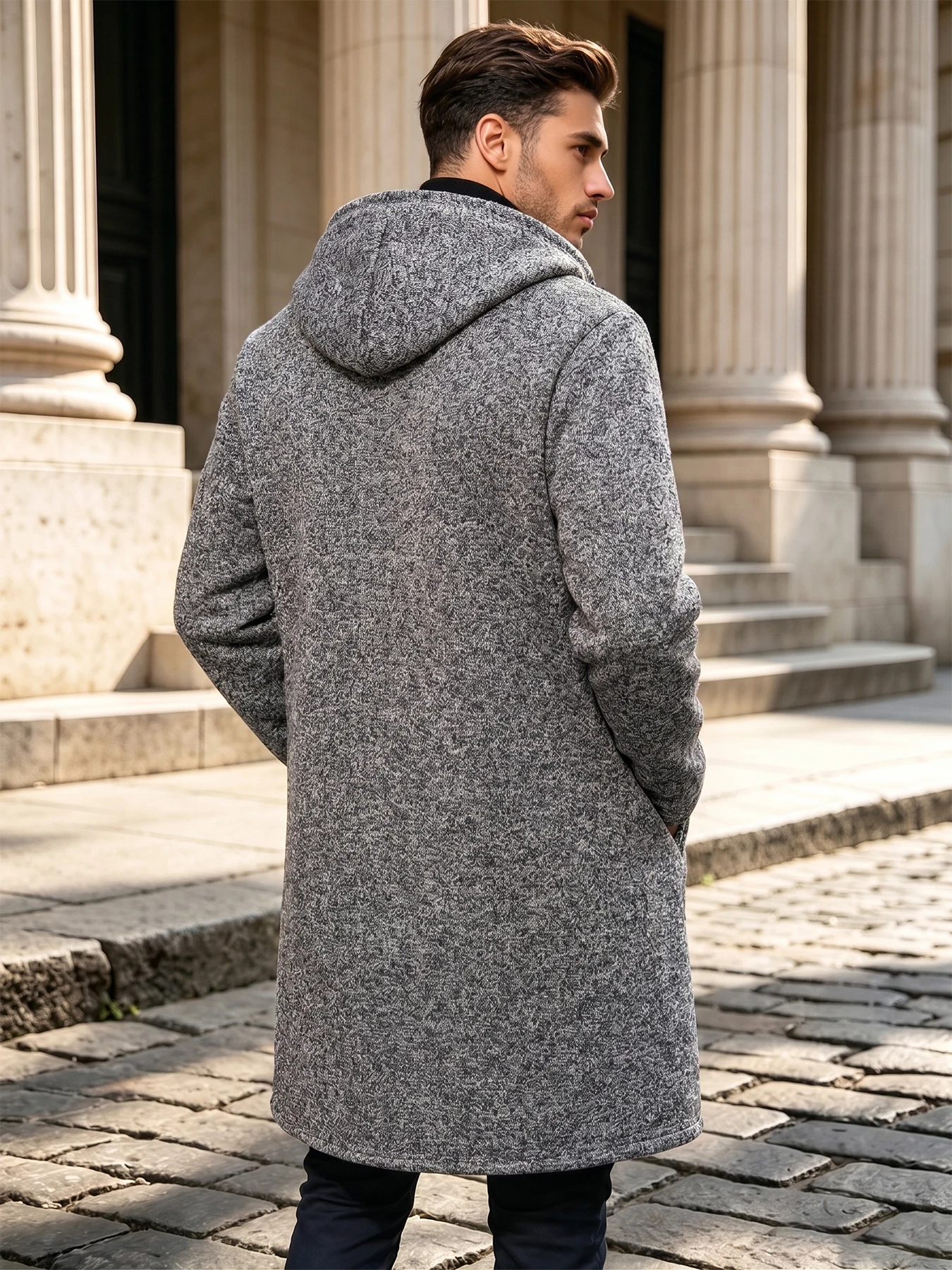 Men Mid‑Long Sherpa Lined Hooded Coat Full Zip Up Fleece Lined Jacket Zipper Pockets Casual Warm Winter Outerwear