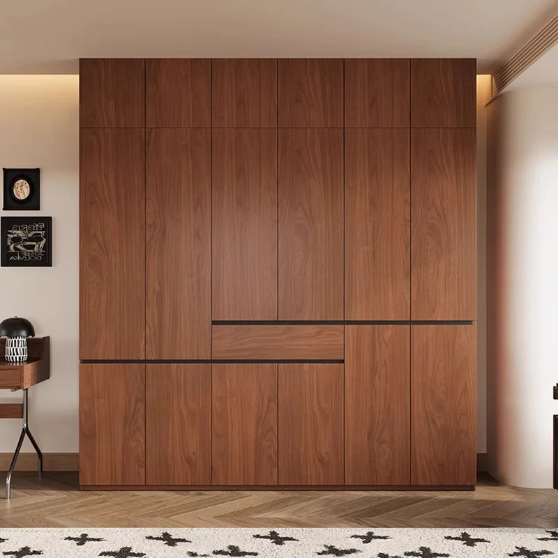 Solid wood wardrobe full oak new 2025 bedroom walnut wabi sabi home segmented free-handle wardrobe