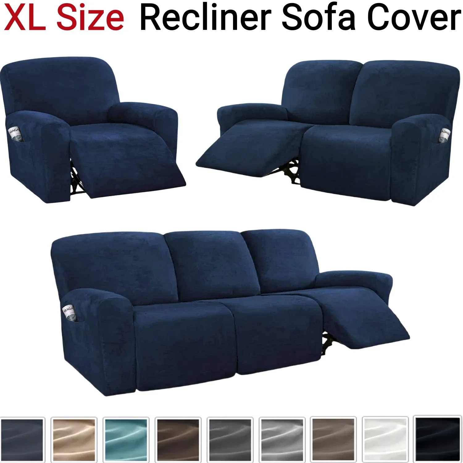 

XL Size Velvet Recliner Sofa Covers Stretch Armchair Covers With Side Pocket Soft Washable Thick Sofa Slip Covers 1/2/3 Seater