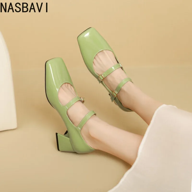 

NASBAVI Patent Leather Green Closed Toe Double Buckle Belt Luxury Women Shoes Spring Fall Chunky High Heels Mary Janes Pumps