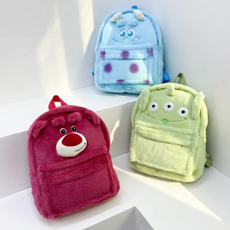 Strawberry Bear Backpack Cute Blue Fur Monster Capacity School Bag Plush Bag Boys Girls Anime Kawaii Cartoon School Bag Mochila