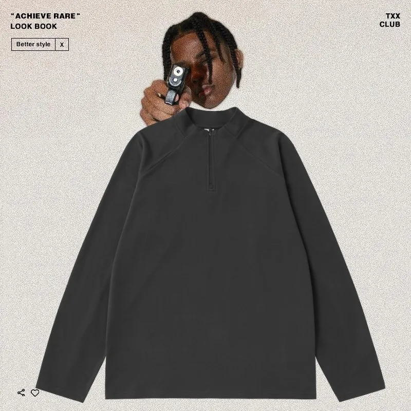 

Retro American Casual Color f Zip Outdoor Base irt Trendy Loose Long Sve T-irt for Men And Women Riding Collar