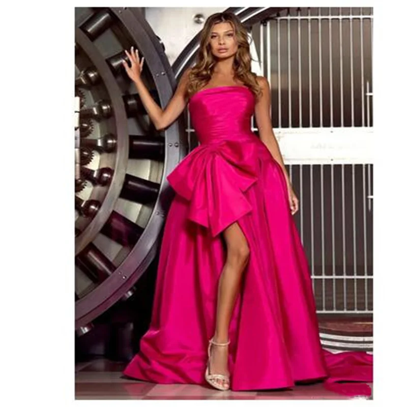 Strapless Elegant Womens Party Dresses A Line Fuchsia Formal Occasion Dresses On Offer Evening Clearance Side Split with Bow