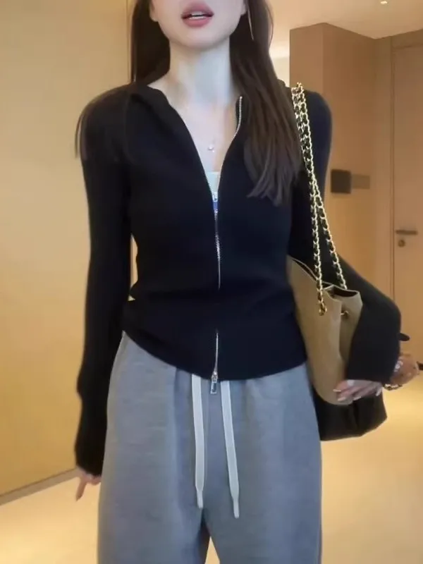 

Korean Sle Hooded Knitted Cardigan Women's plus Size Slimming Spring New Arrival Double Zipper Regular Sve Long Hooded