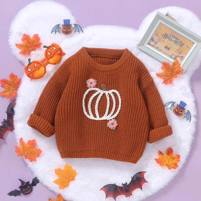 Autumn Baby Girl Warm Sweaters Long Sleeve Pumpkin Flower Embroidery Knit Pullover Sweaters Toddler Fall Knitwear Tops