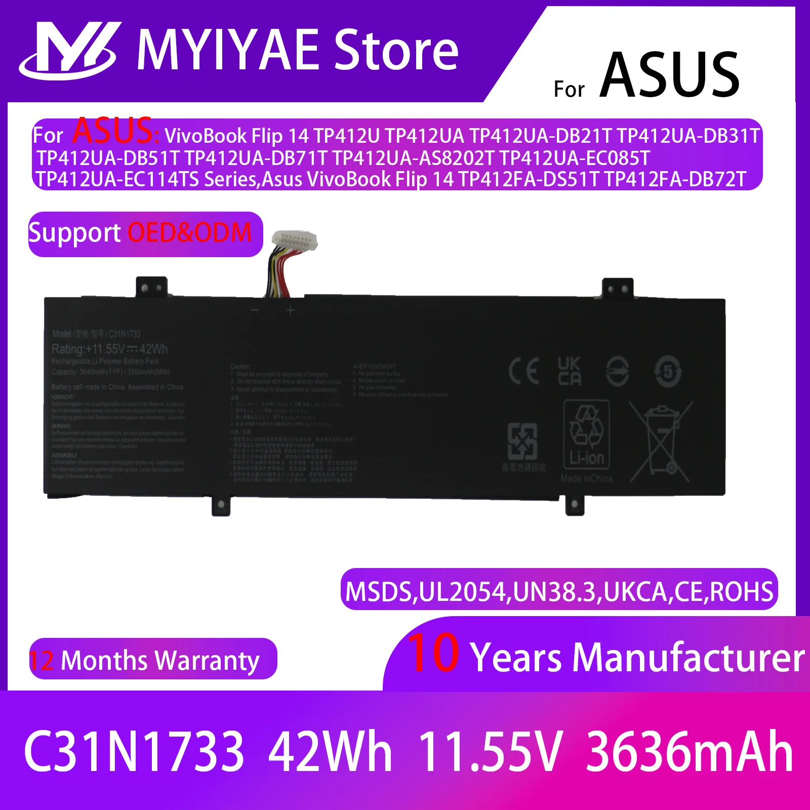 C31N1733 Laptop Battery Compatible with ASUS VivoBook Flip 14 TP412U TP412UA TP412FA TP412UA-IH31T TP412UA-EC059T TP412FA-EC551T