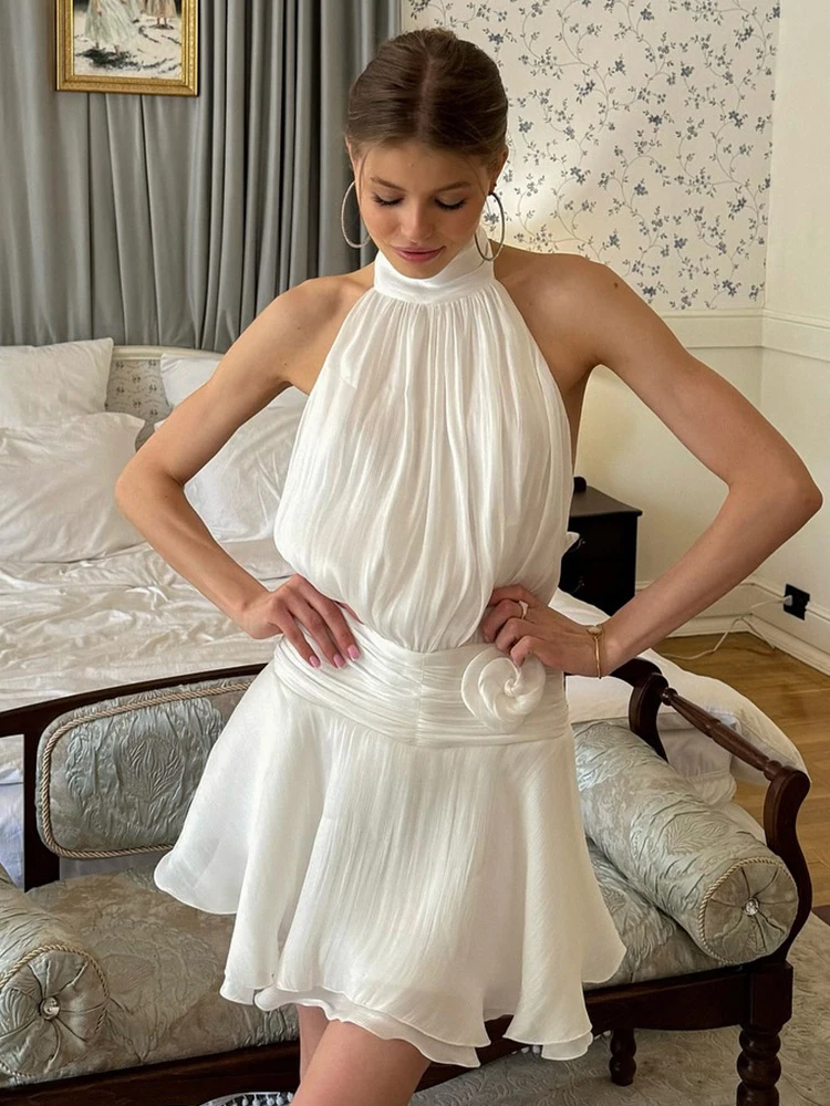 

Trendix Evening Elegant Backless Dress Women 2026 Summer Pleated Flower Mini Dresses Sexy Off Shoulder Sleeveless Ruffle Dress