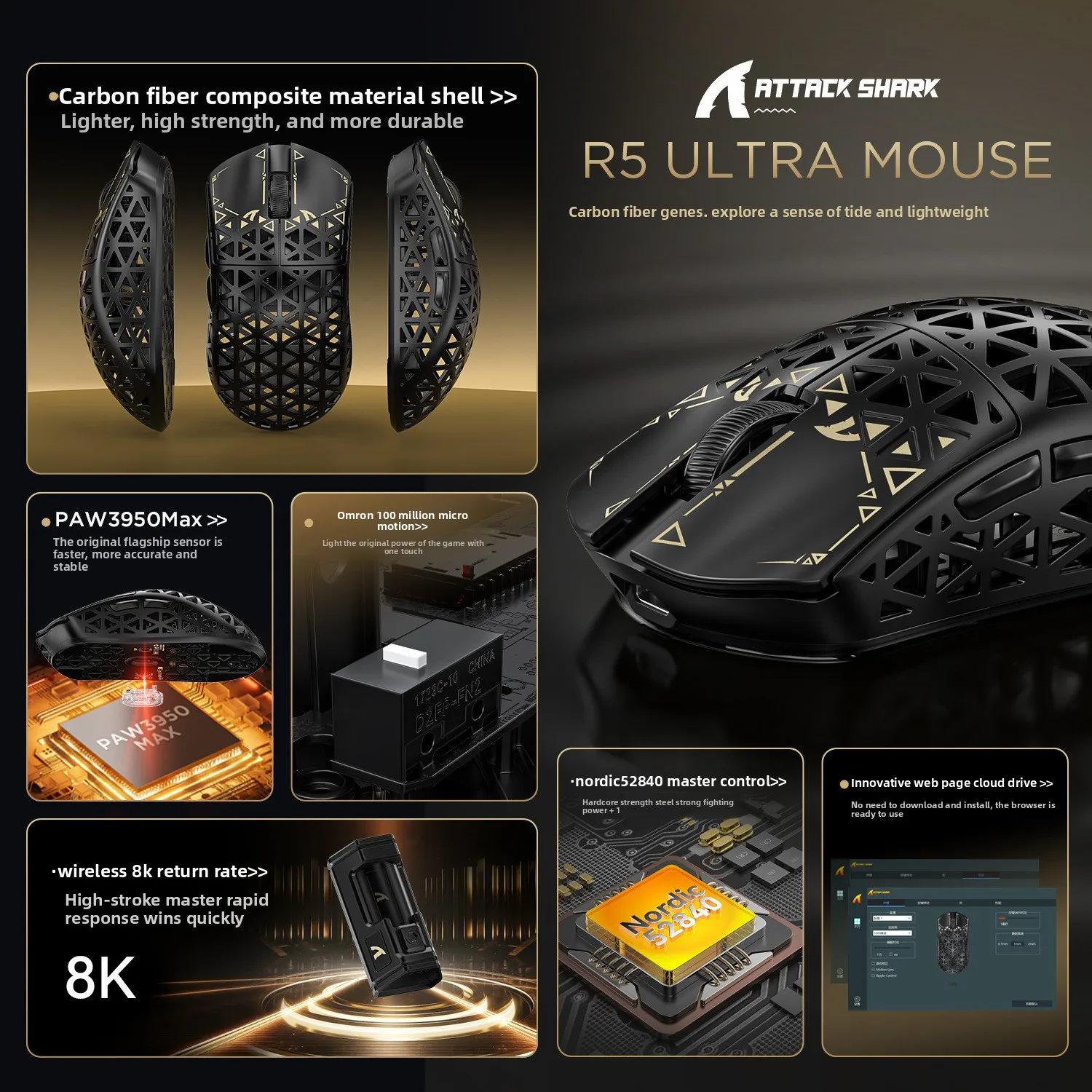 ماوس ألعاب لاسلكي ATTACK SHARK R5Ultra 8K من ألياف الكربون مع مستشعر 42000 نقطة في البوصة -PAW3950 MAX -39g خفيف الوزن للغاية لهاتف Win/Mac