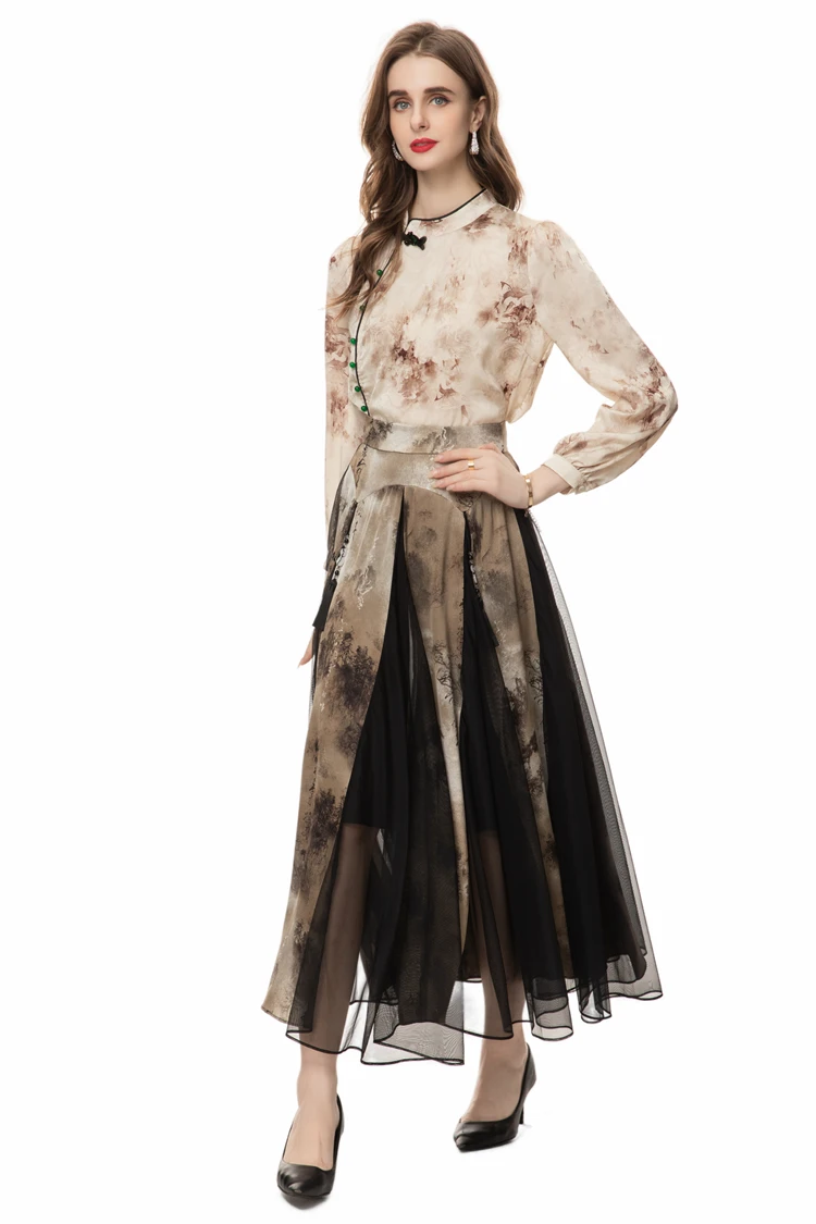 Women's Runway Designer Two Piece Dress Stand Collar Long Sleeves Blouse with Printed Skirt Fashion Twinset Sets