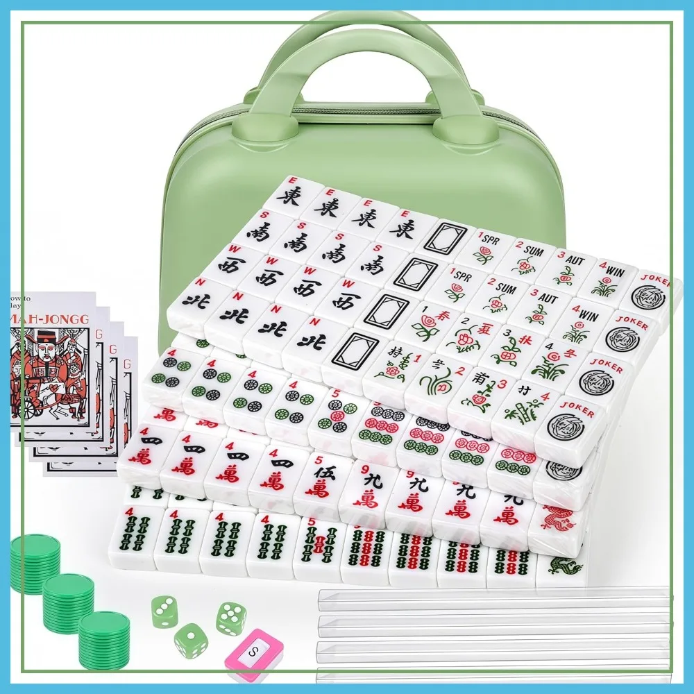 

Portable American Mahjong Set, 166 Tiles with Bag, Dice, Chips, Wind Indicator, Instruction Book, Compact Travel Game