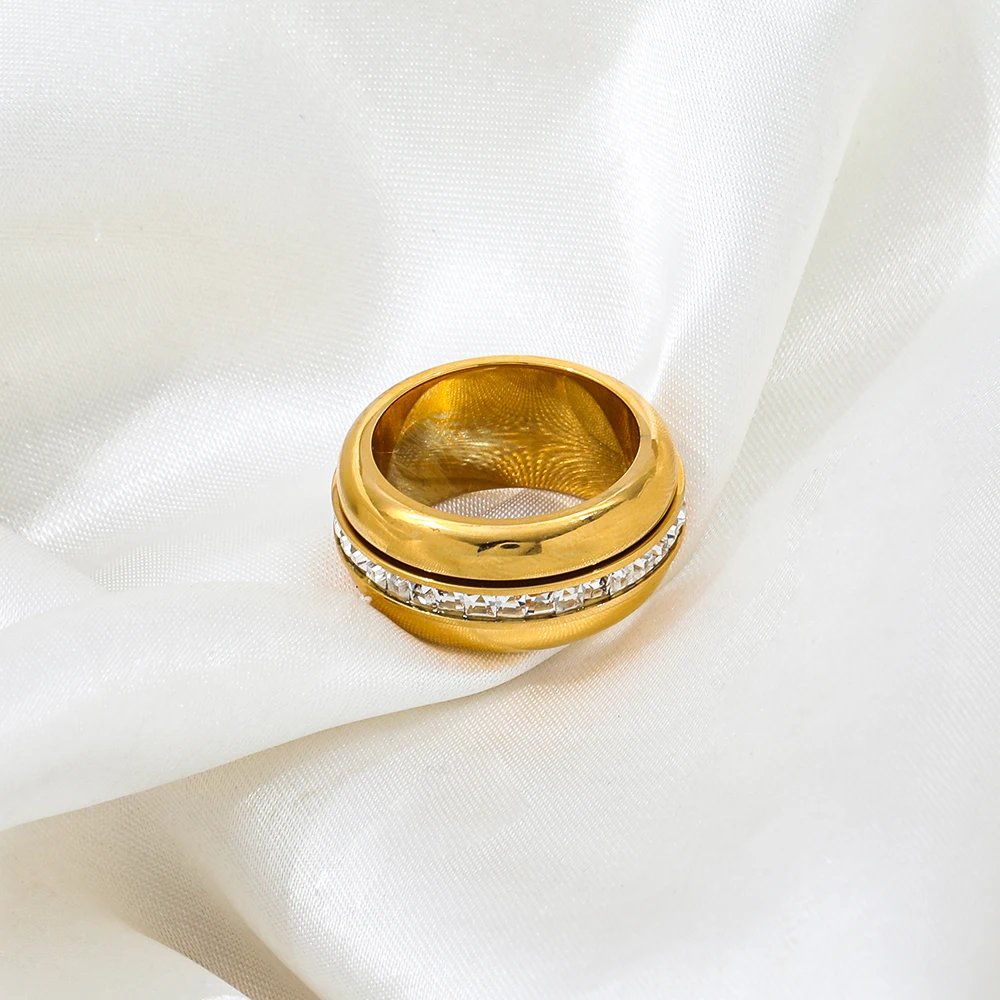 Joolim Jewelry High End PVD Wholesale Tarnish Free Circumferenced Square Zircon Rotary Stainless Steel Ring For Women