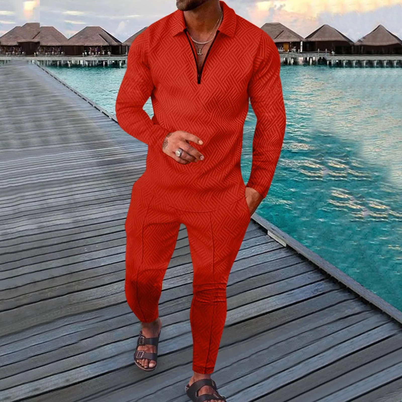 Costume de sport à manches longues pour hommes, t-shirt imprimé, pull à revers, pantalon slim, décontracté, tendance de la mode, Europe et États-Unis