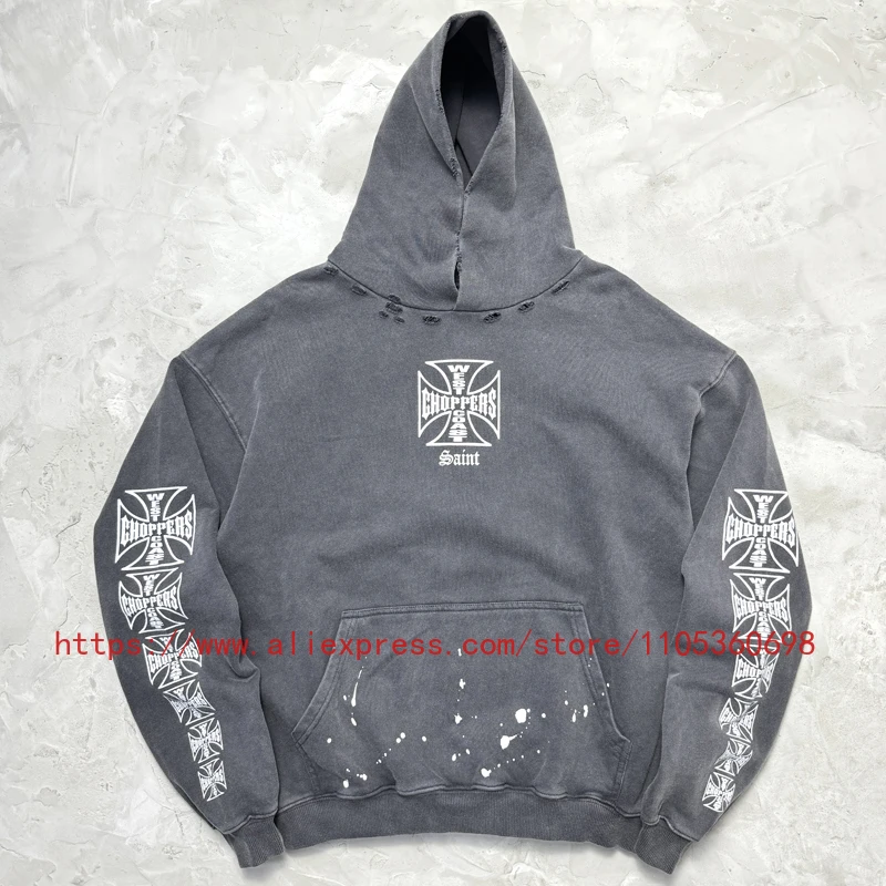

High Quality Streetwear Men Women West Coast Hoodie Washed Black Distressed Saint Logo Biker Hip Hop Oversize Sweatshirt