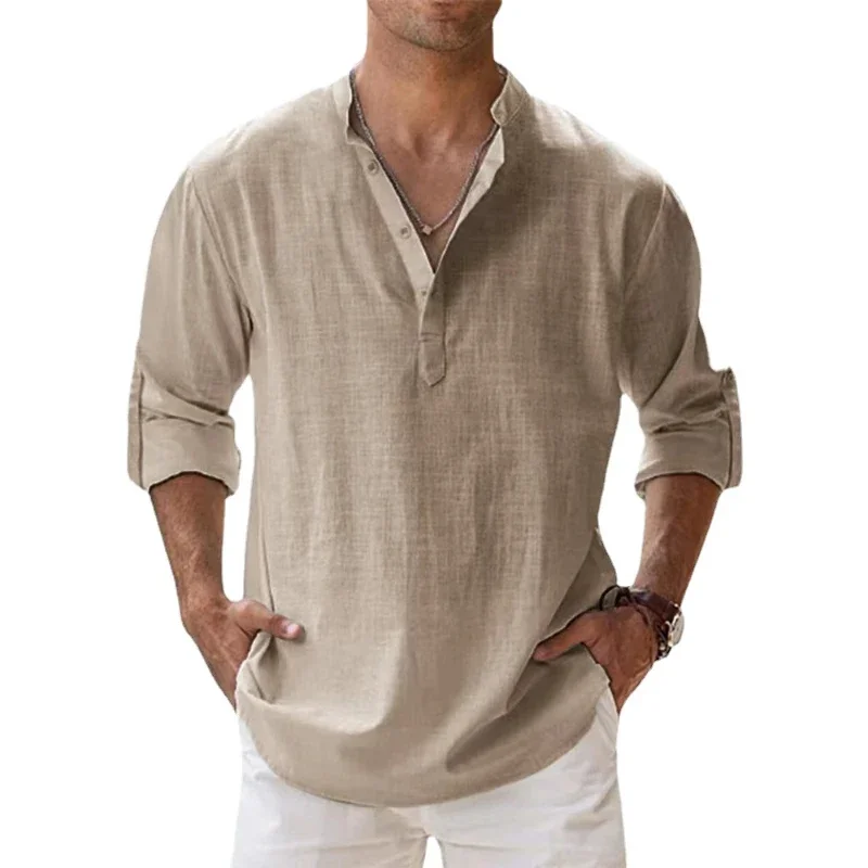 New Men's Cotton Linen Shirt Fashion Lightweight Long Sleeve Henry Comfortable Shirt Hawaiian  Men Dress Shirt