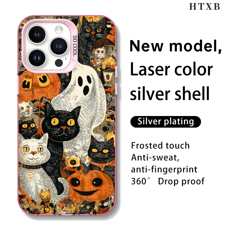 شاشة مليئة برسومات خطية للقطط والقرع حافظة هاتف لهاتف iPhone 17 إلى 11 Pro Max Plus #3
