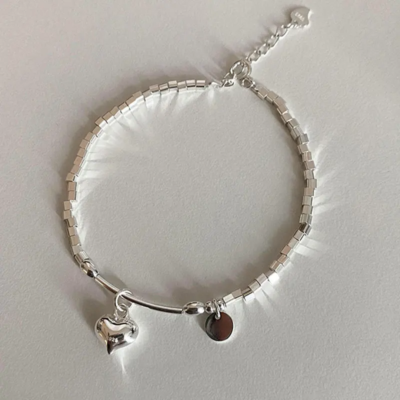 925 Sterling Silver Color Love Heart Square Beaded Bracelet for Women Girl Fashion Korean Trend Fine Jewelry Gift Dropshipping