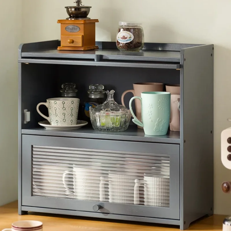 Natural Bamboo Storage Cabinets Dustproof Acrylic Doors Cup Holder Tea Set Display Kitchen Organizer