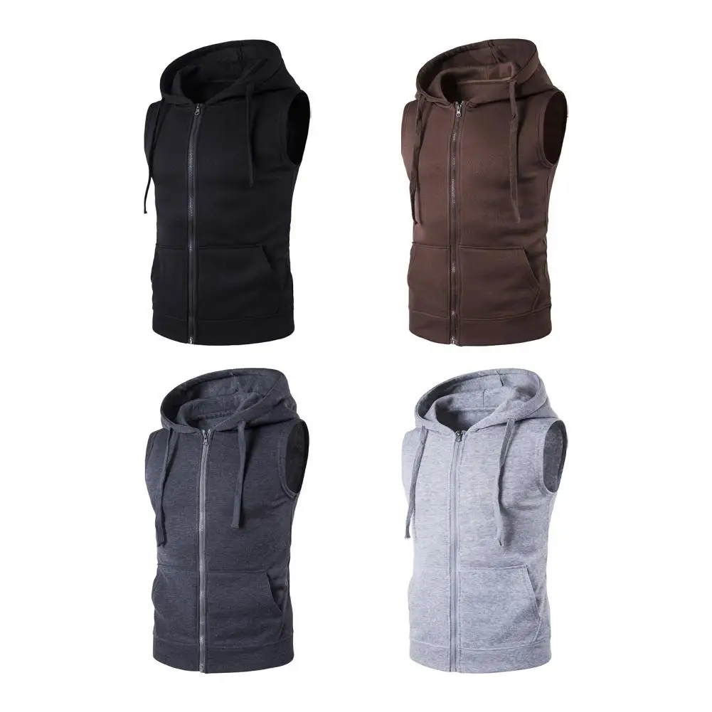 الخريف الشتاء موضة صدرية الرجال سترة الذكور عادية أكمام مقنعين سترة رجل الملابس بلون جيوب سستة صدرية #3