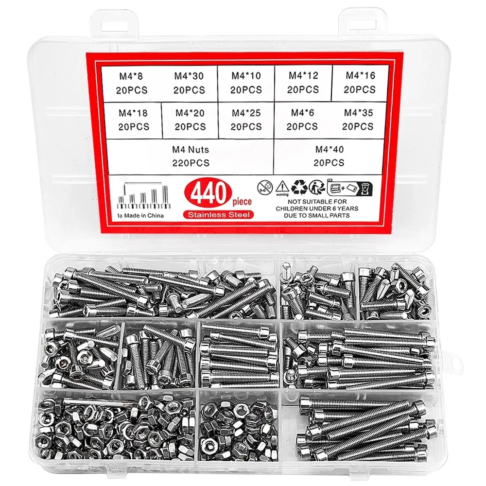 

440PCS Stainless Steel Cup Head Screws M4 Hexagon Socket Screws Flat Head Screws Cross-border Explosion Boxed
