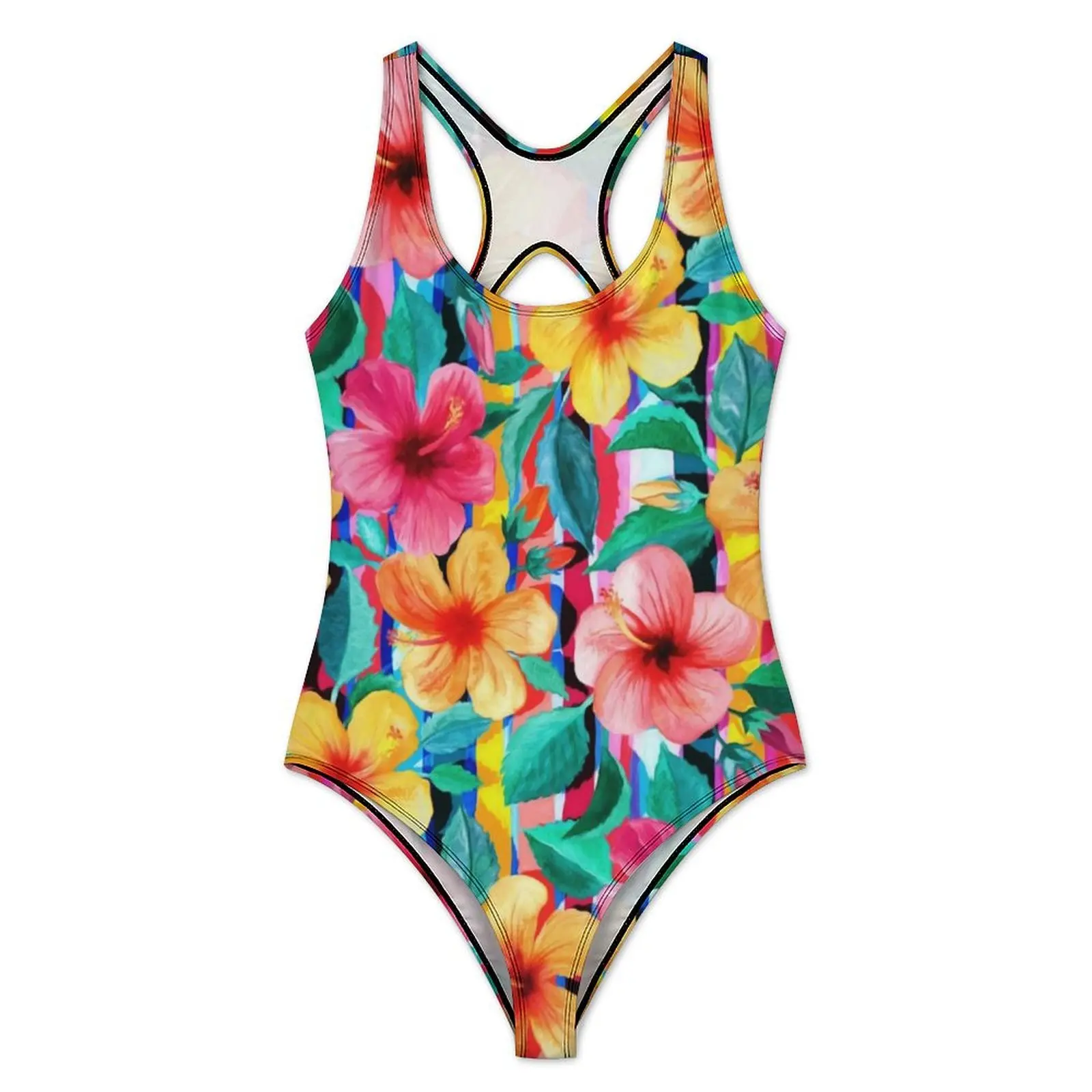 Hawaiian Tropical Swimsuit Hibiscus Floral Print Swimwear One Piece Fitness Graphic Swimsuits Hollow Out Bathing Suits Women