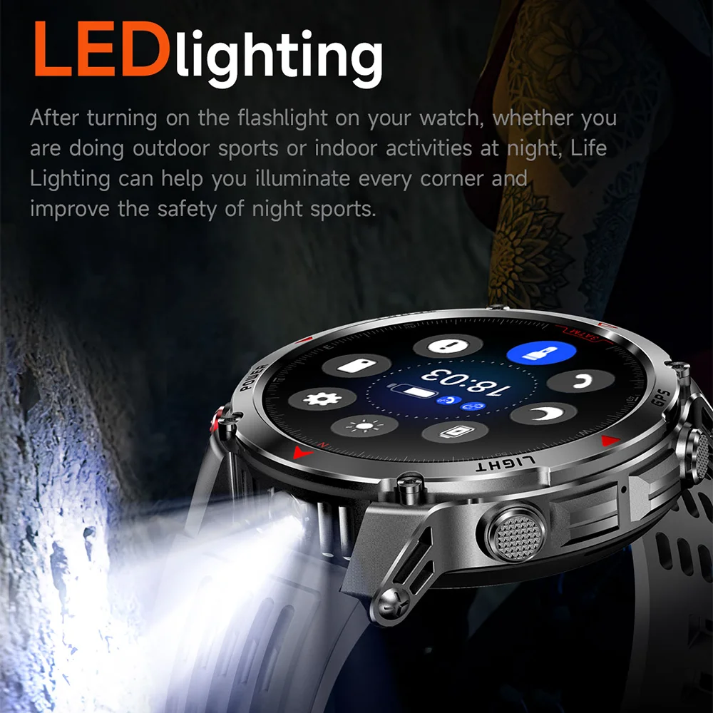 T-REX Military Outdoor Sports GPS Smartwatch LED Flashlight, 540MAH Battery, 3ATM Waterproof Compass, Bluetooth Call, For Xiaomi