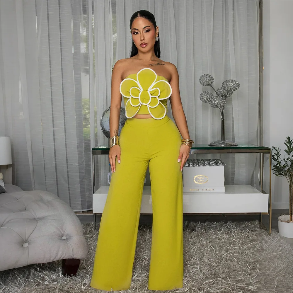 Flower Sexy Strapless Short Top Solid Color Wide Leg Pants Two-piece Set Casual Sexy Commuting High-end Comfortable Set