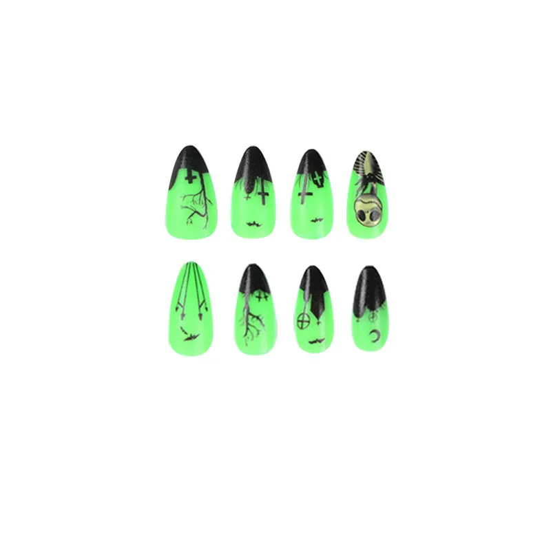 Unhas Francesas Falsas para Meninas, Guarnição Preta Verde Luminosa, Unhas Falsas de Halloween, Amêndoa Média Longa, Imprensa Barata nas Unhas, 24PCs