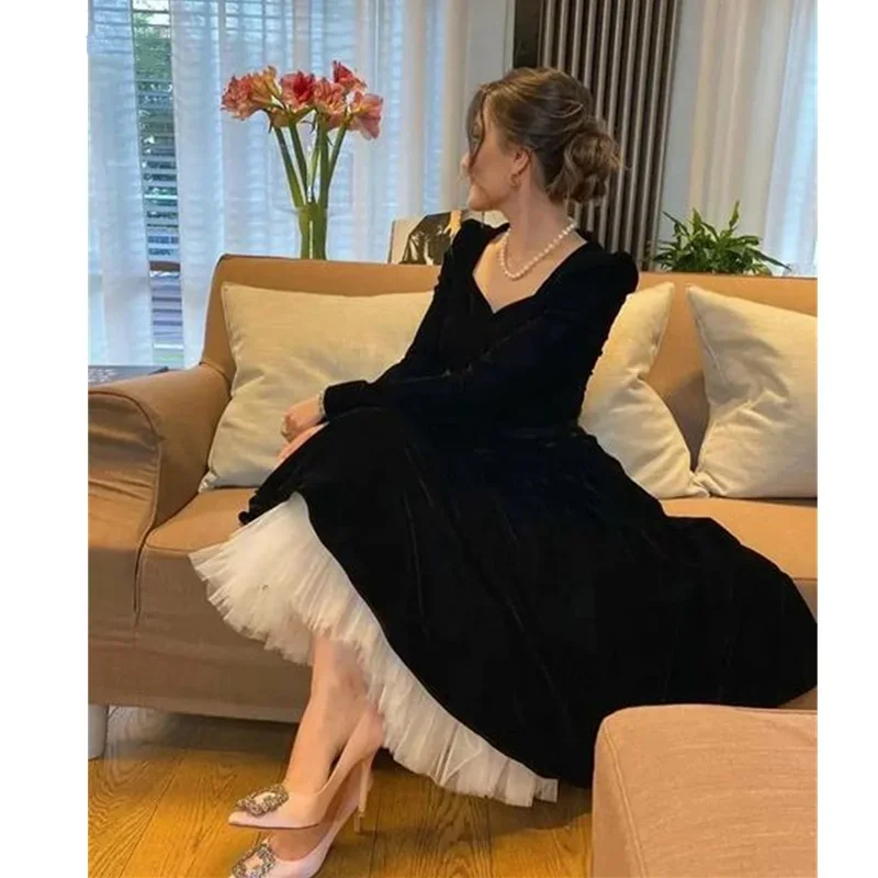 Customized Black Velour Evening Dresses Square Collar Long Sleeves A Line Formal Prom Grown Tea-Length Party Dress Plus Size